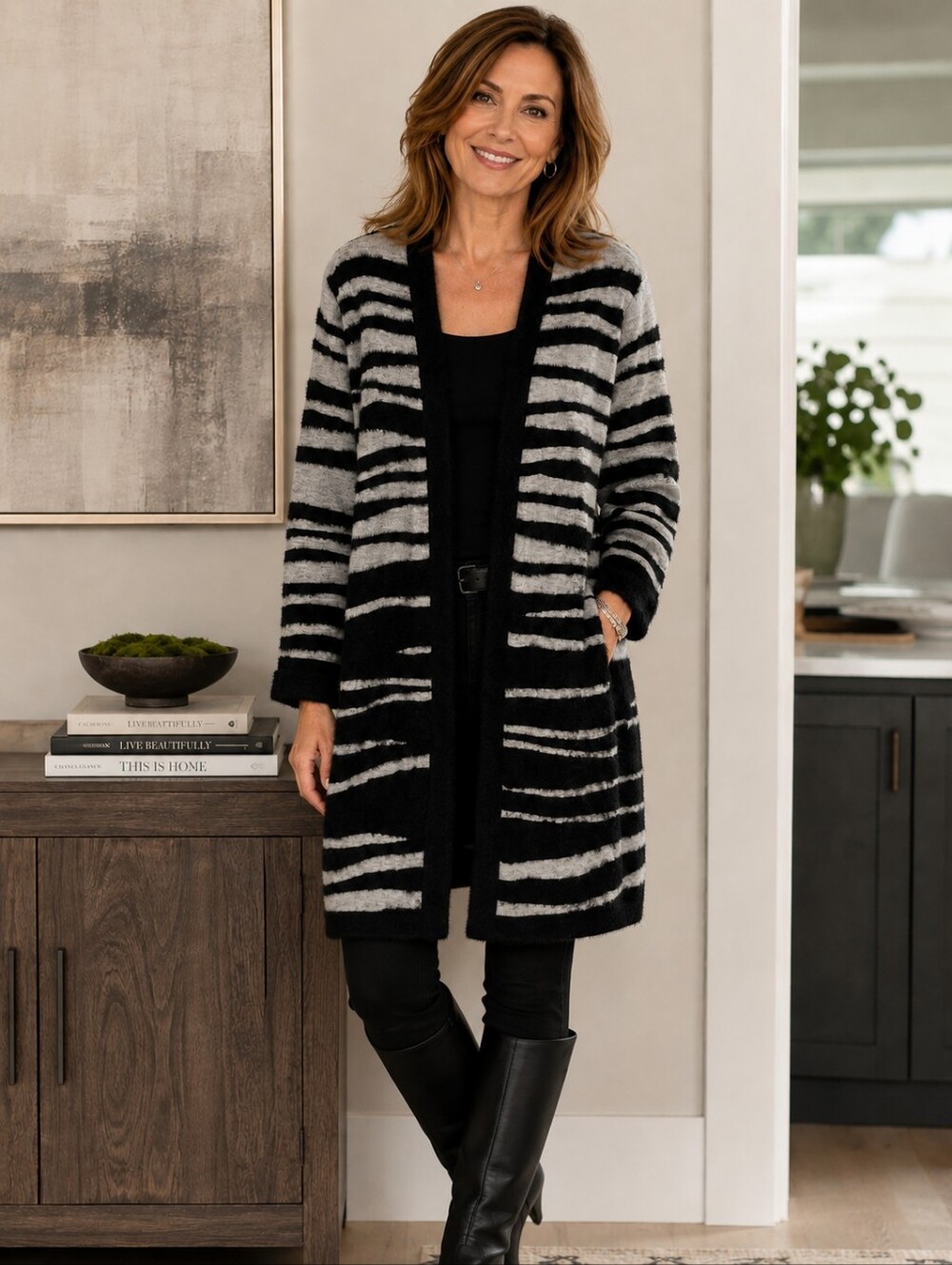 Cozy Black & Gray Striped Open-Front Longline Cardigan